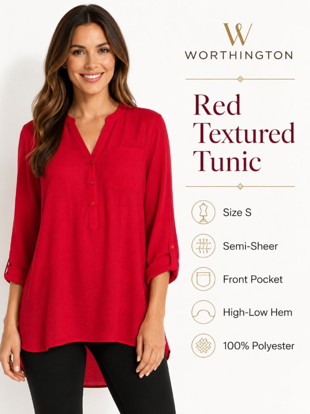 Worthington Red Textured Semi-Sheer Tunic Women’s Long Sleeve Pocket Blouse